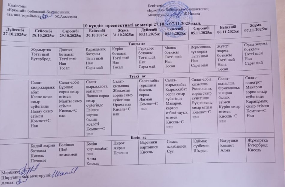 он күндік ас мәзірі