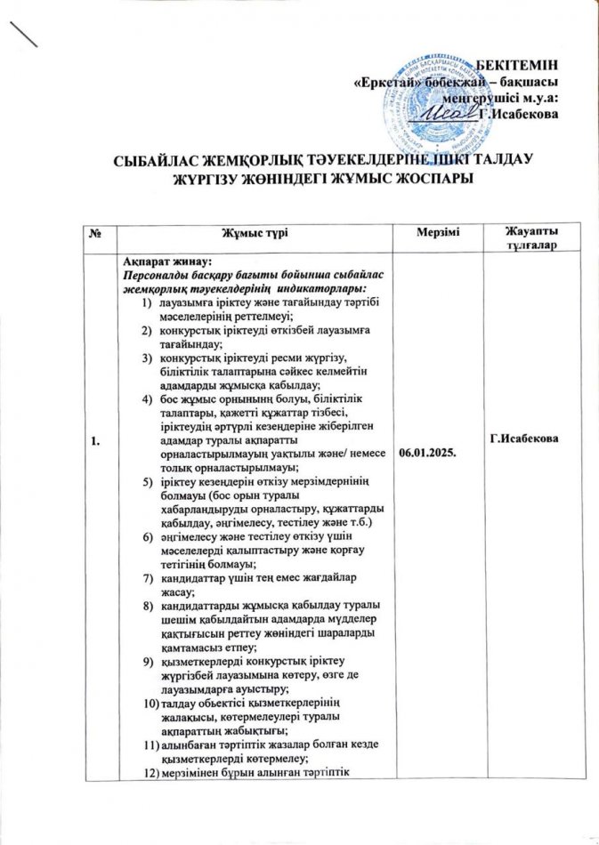 Сыбайлас жемқорлық тәуекелдеріне ішкі талдау жүргізу жөніндегі жұмыс жоспары